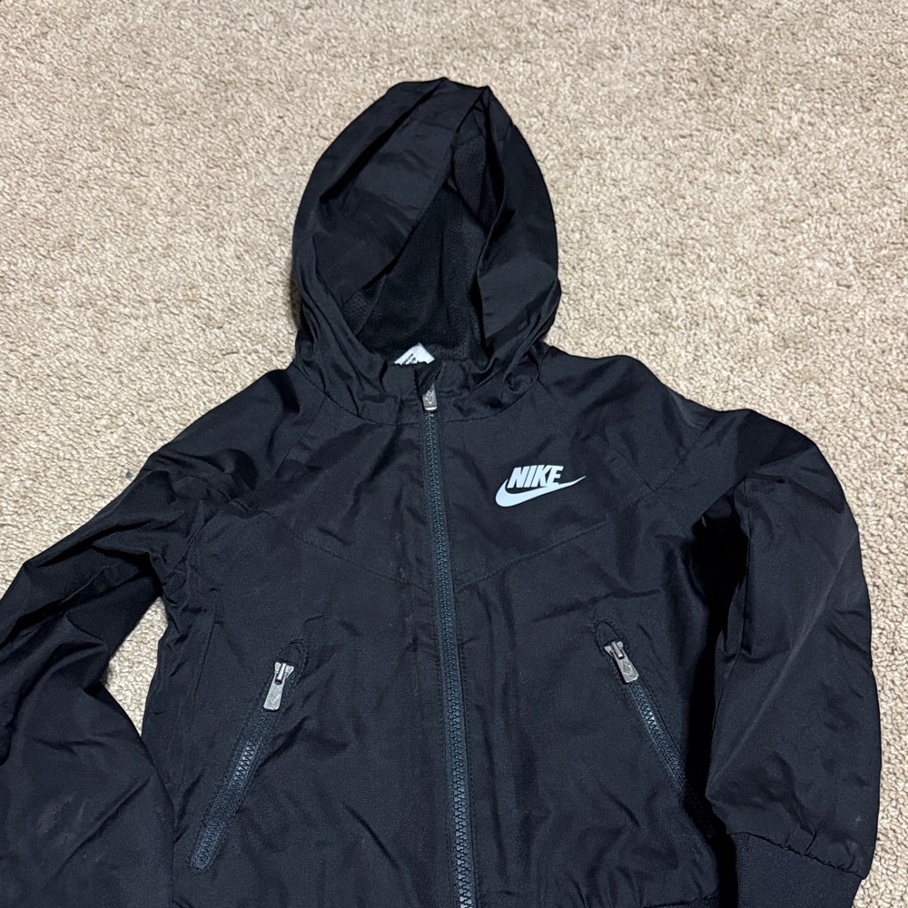 Nike Kids Black Hooded Rain Jacket with White Logo
